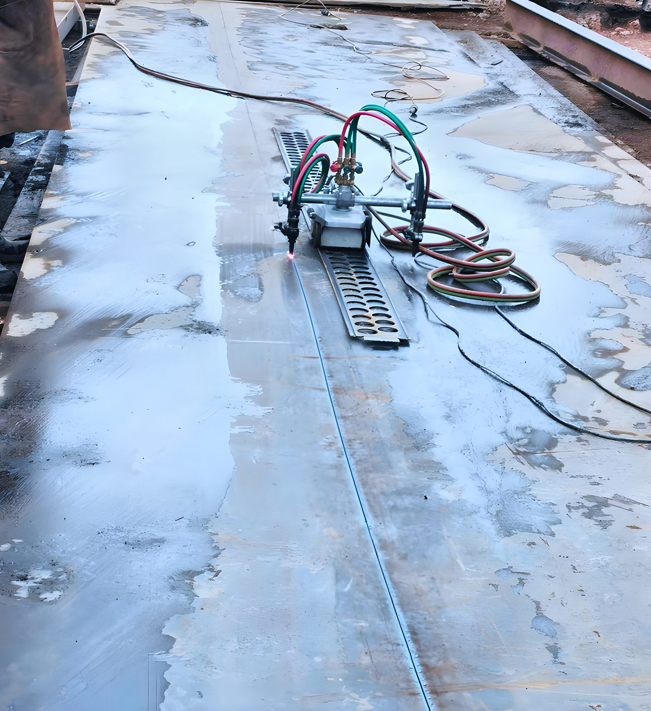 Máquina de oxicorte trabajando sobre una lámina de acero