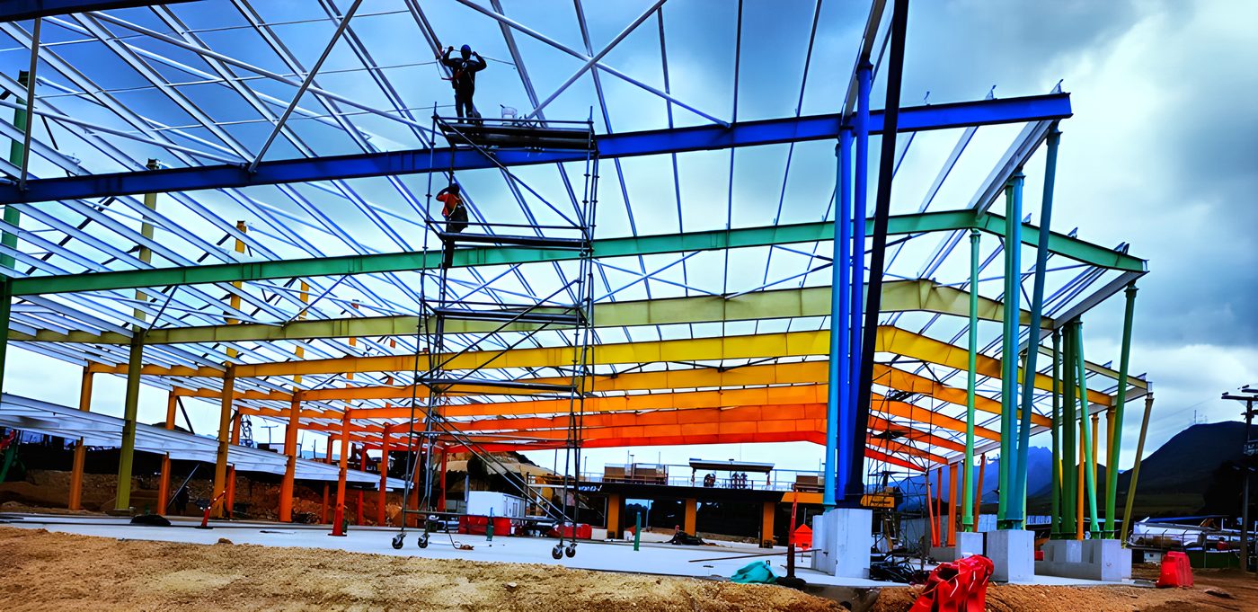 Montaje de estructura metálica con andamios y vigas de colores